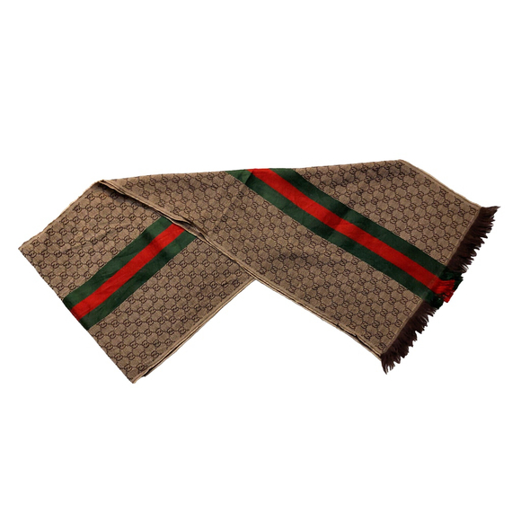 Gucci Brown & Beige GG Logo Print w/ Green Red Stripe Wool Silk Scarf Pre-owned - Picture 3 of 16